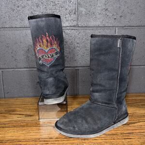 Steve Madden Black Suede Shearling Tall Boots Heart Flame Patch Size 9